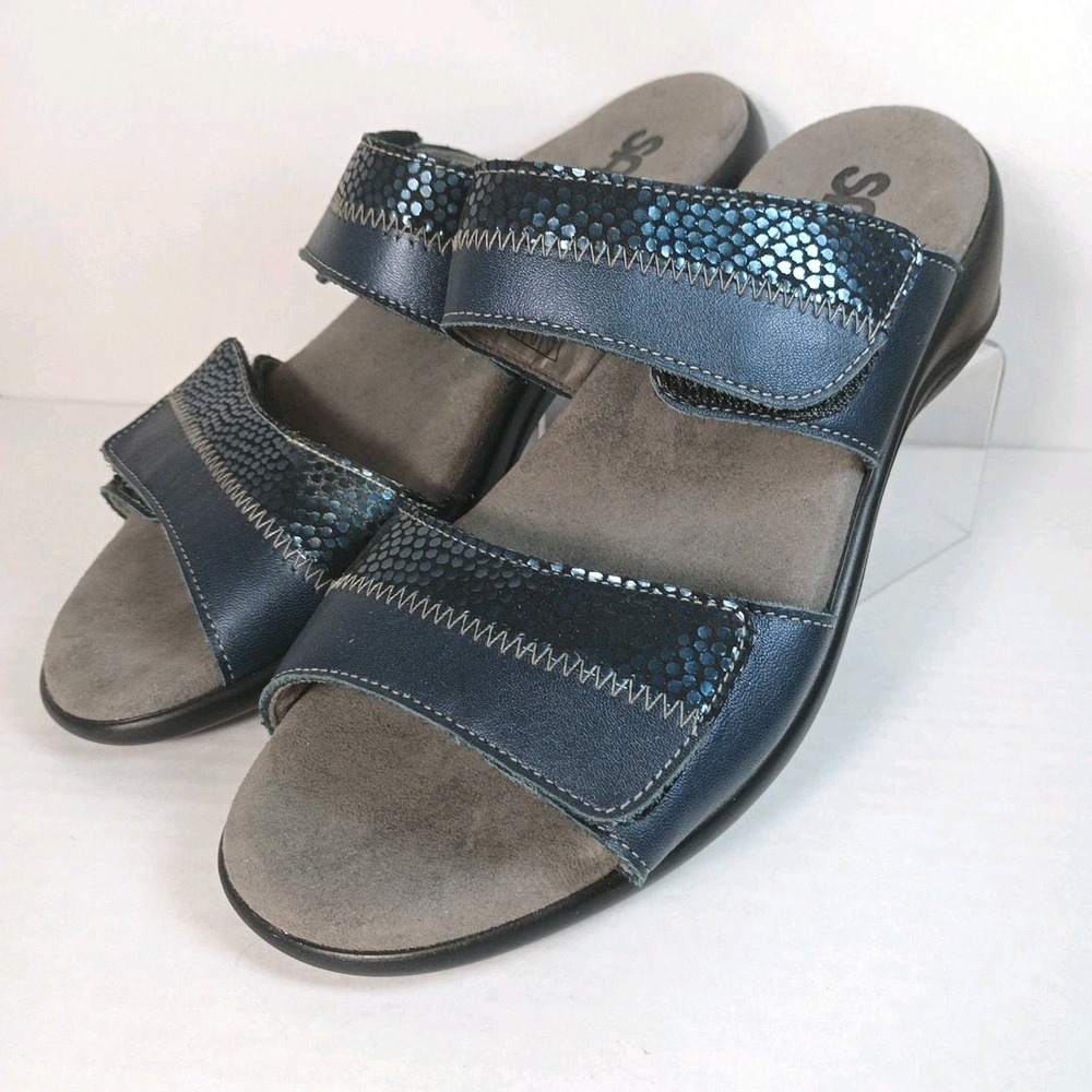 SAS Women Nudu Slide Leather Sandal size 7M Navy Blue Metallic Comfort MSRP $165